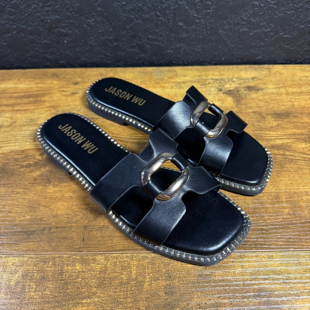 Jason Wu Black Faux Leather Buckle H-Strap Slide Sandals Womens Size 8